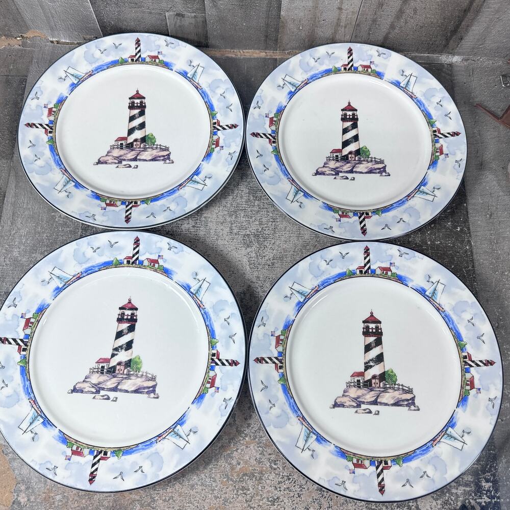 Lighthouse Dinner Plates Nautical Beach Sailboats 10.5”‎ Totally Today Set of 4
